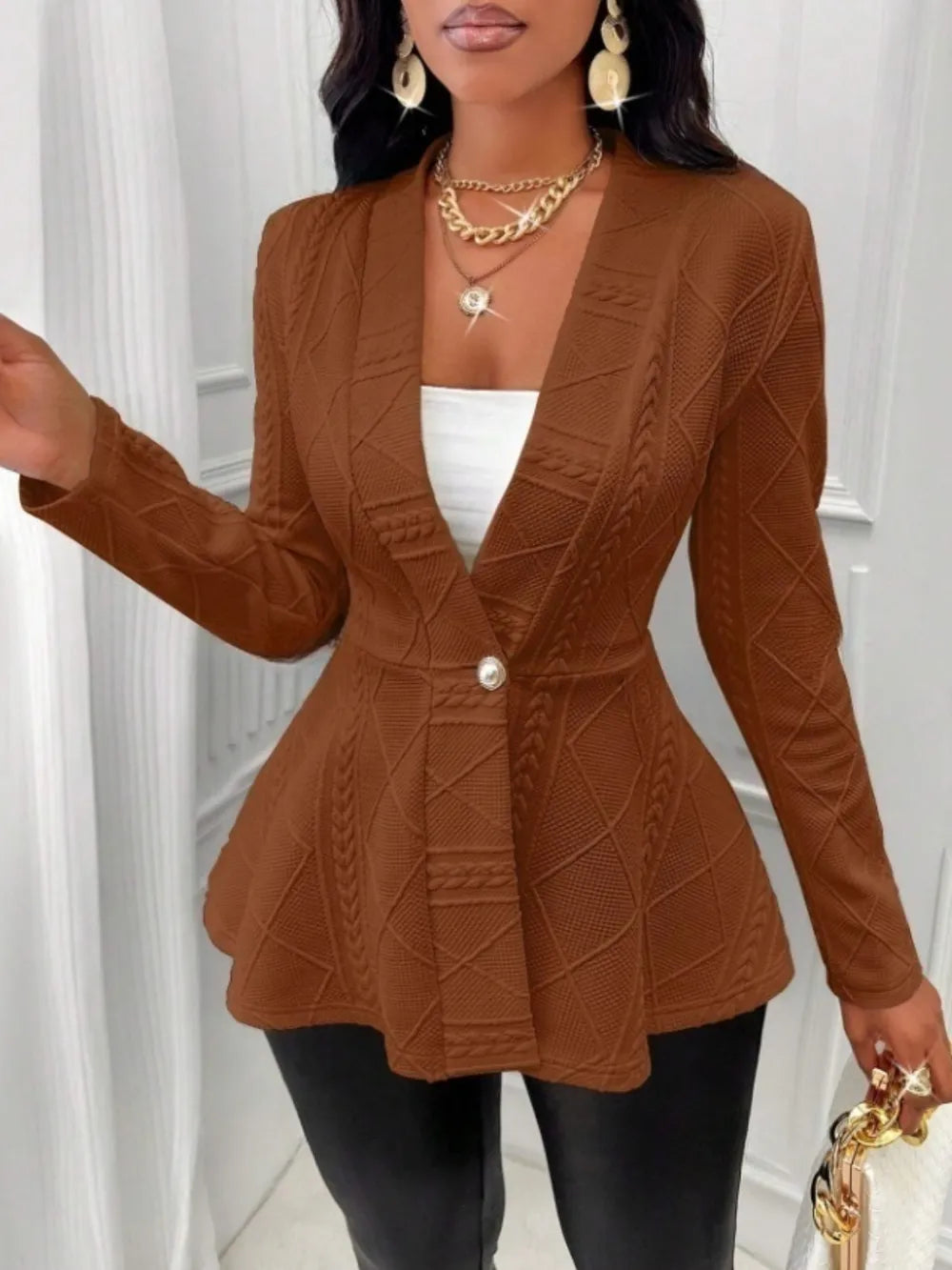 One Button Textured Peplum Cardigan - Fashorio