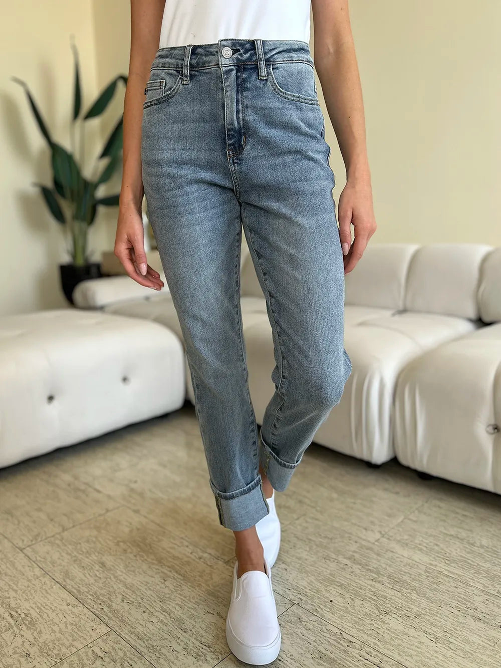 Judy Blue Full Size High Waist Cuff Hem Jeans Medium - Fashorio