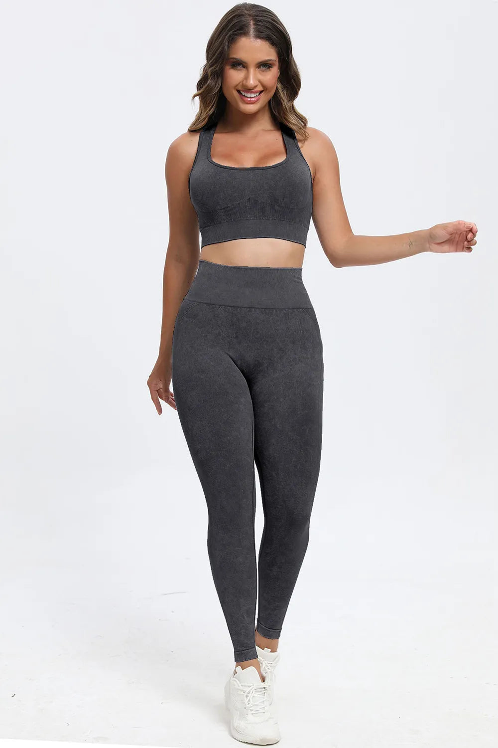 3 Piece Washed Square Neck Wide Strap Active Set - Fashorio