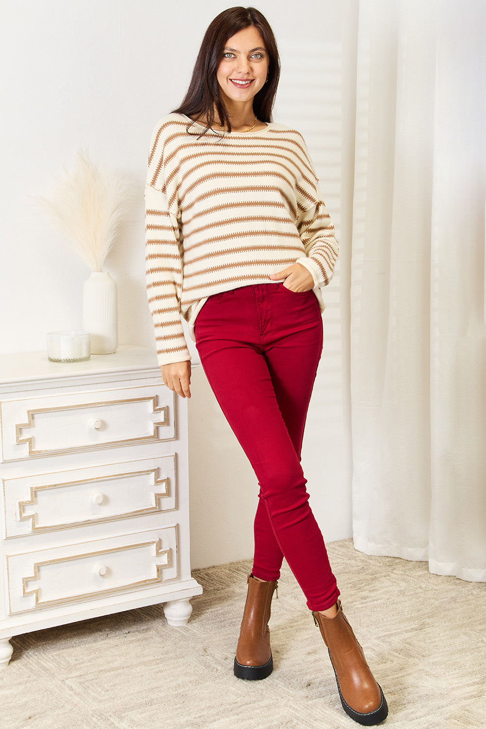 Double Take Striped Boat Neck Sweater - Fashorio