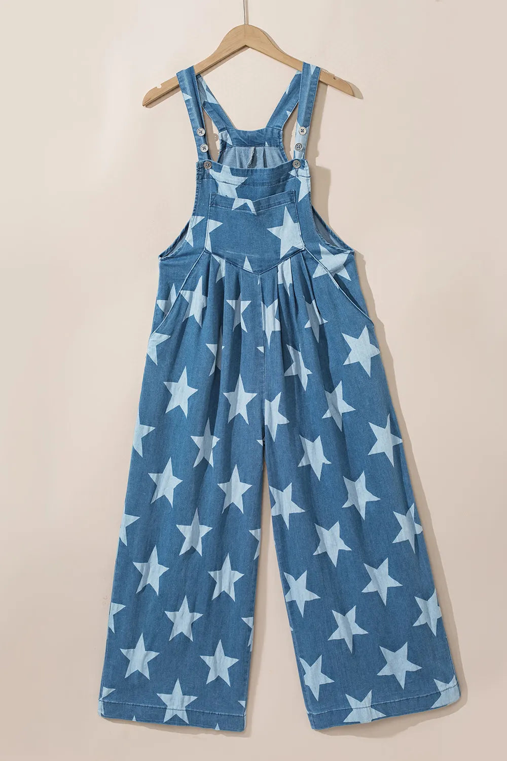 Star Print Buttoned Strap Wide Leg Denim Overalls - Fashorio