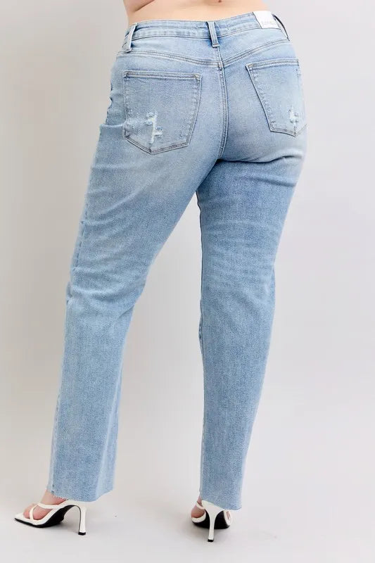Judy Blue Full Size Mid Rise Light Wash Dad Jeans Plus Size - Fashorio