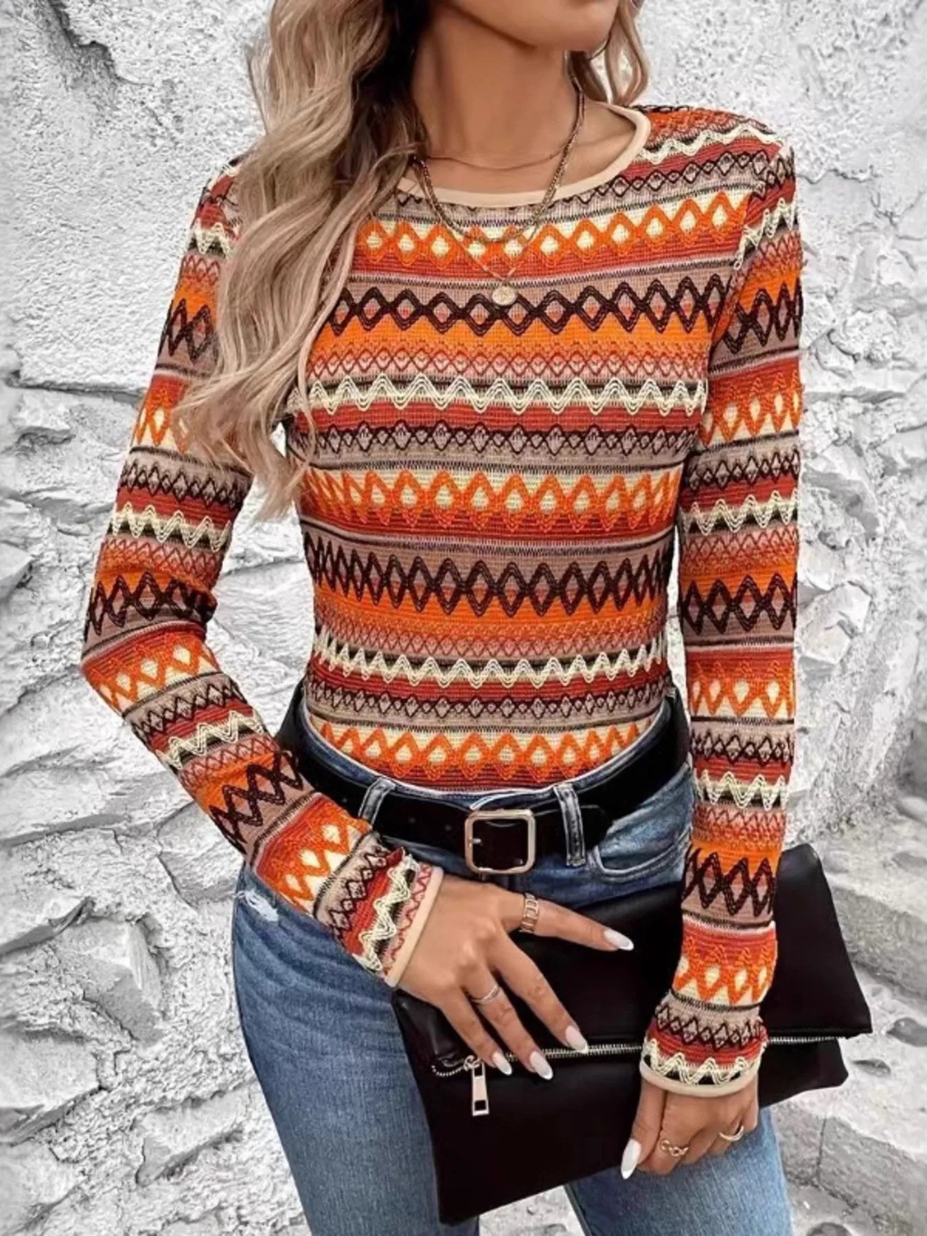 Bohemian Geometric Pattern Long Sleeve T-Shirt Orange - Fashorio