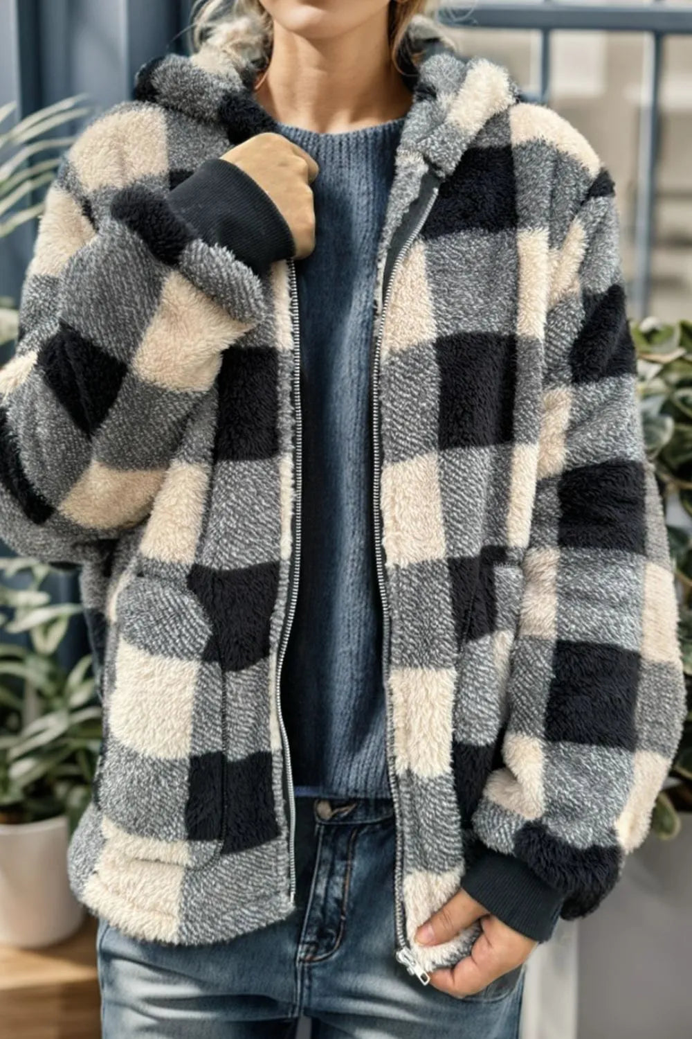 Double Take Full Size Plaid Long Sleeve Hooded Coat - Fashorio