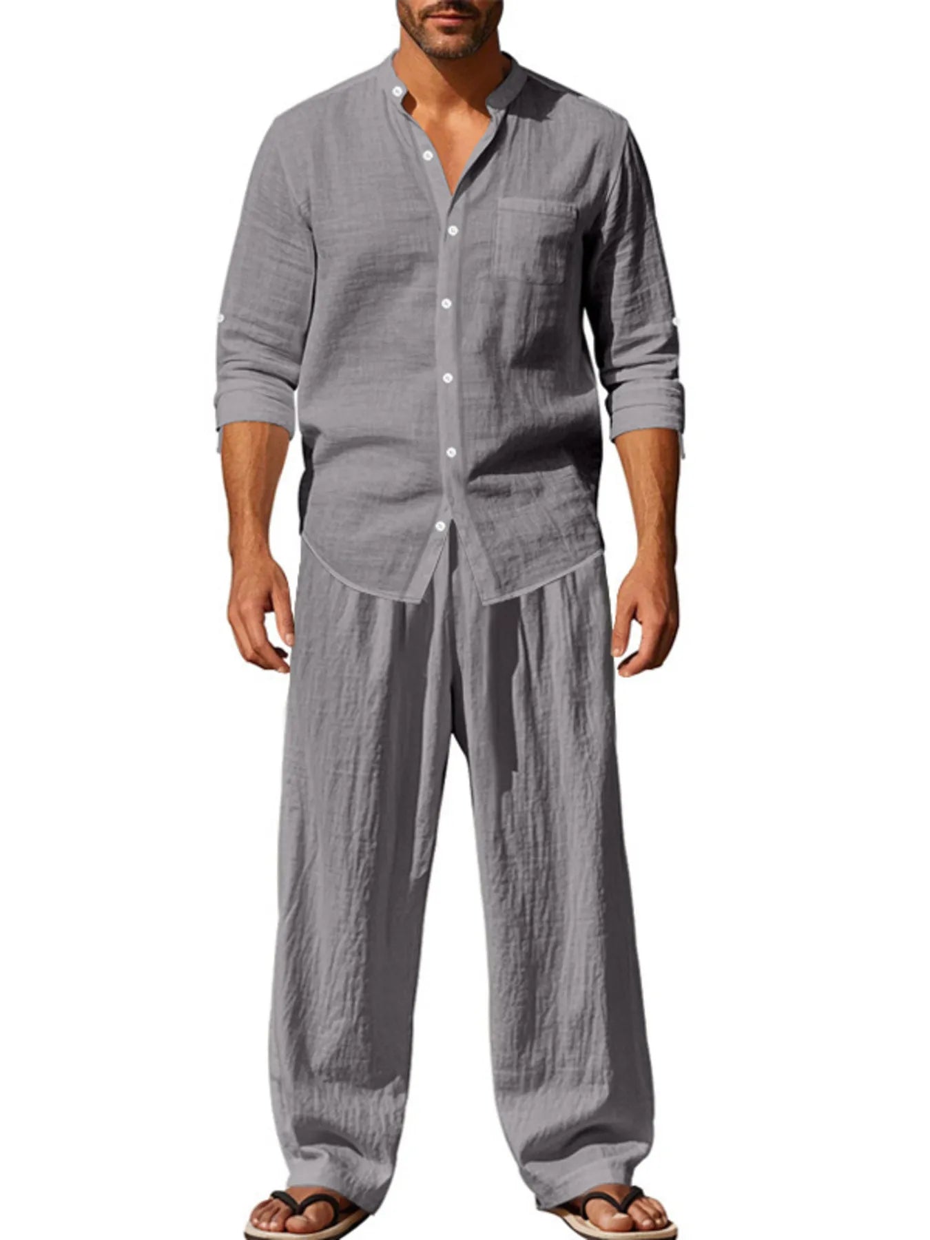 Men's Full Size Button Up Shirt and Pants Set Plus Size Grey - Fashorio