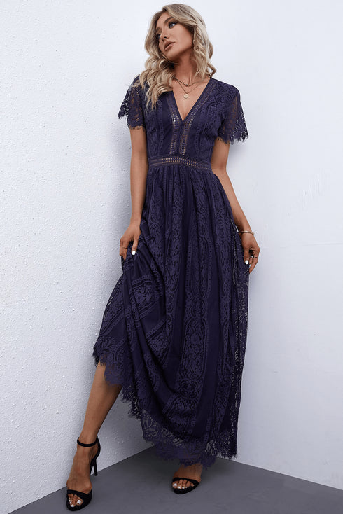 Scalloped Trim Lace Plunge Dress Navy - Fashorio