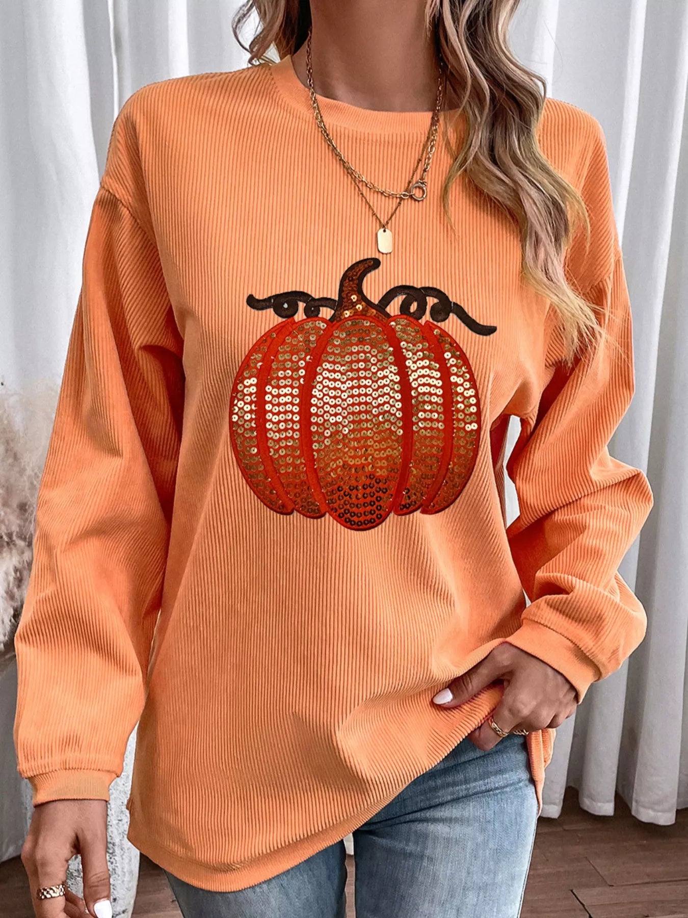 Halloween Sequined Pumpkin Ribbed Round Neck Sweatshirt - Fashorio