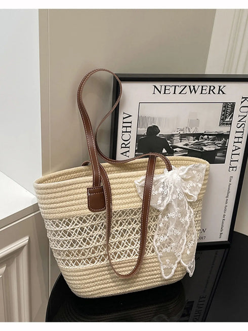 Woven Straw Shoulder Bag Beige One Size - Fashorio