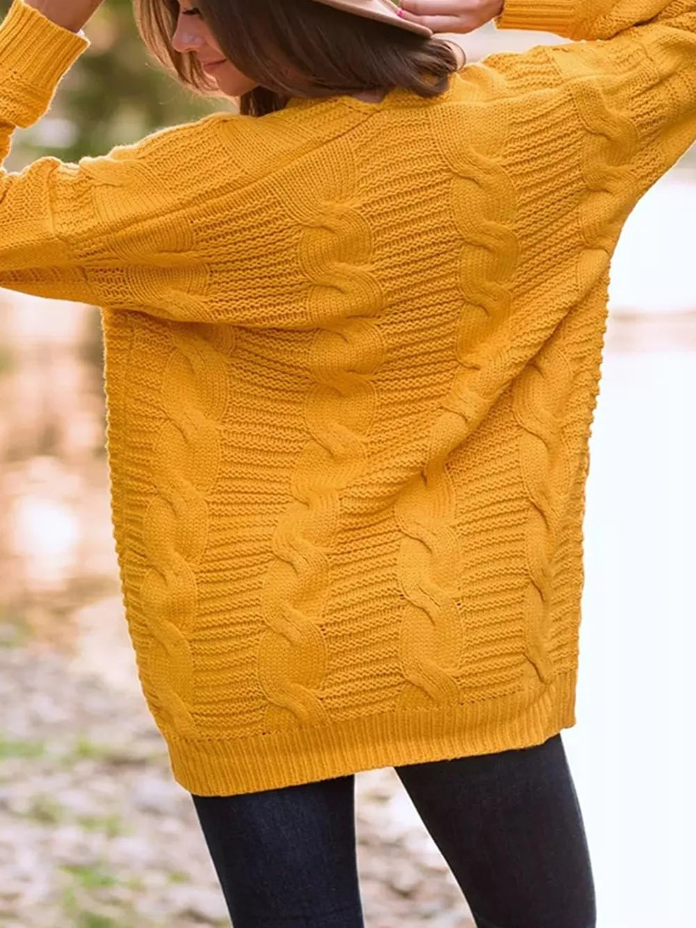 Cable-Knit Open Front Long Sleeve Cardigan Gold - Fashorio