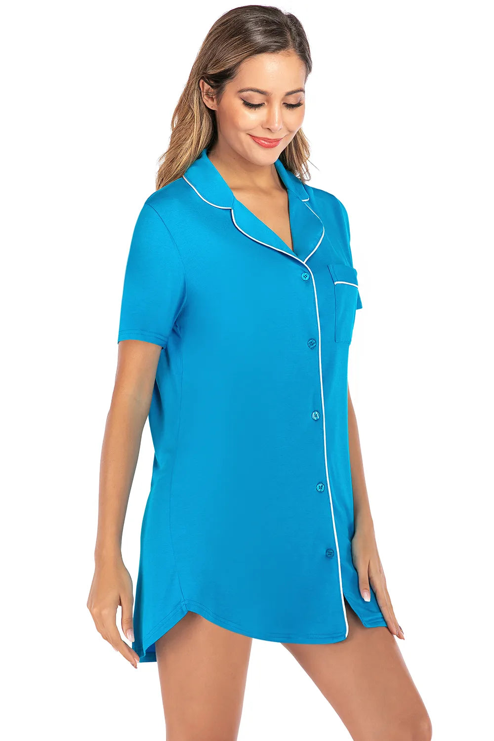Contrast Piping Pocketed Short Sleeve Lounge Dress - Fashorio