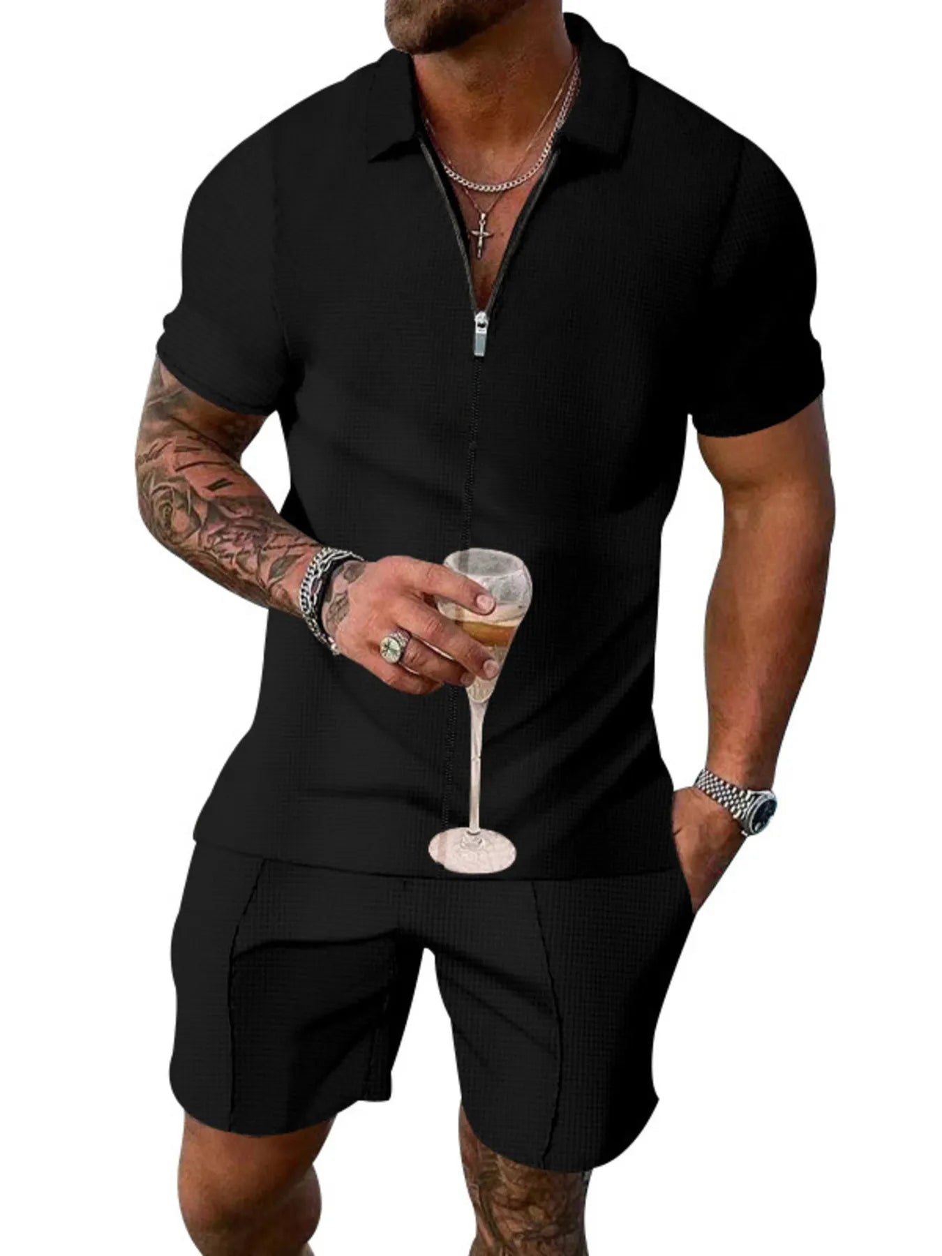 Men's Plus Size Zip Up Short Sleeve Top and Shorts Set Black - Fashorio
