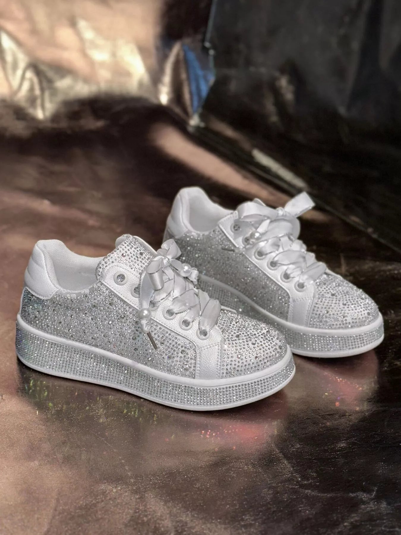 Round Toe Rhinestone Sneakers - Fashorio