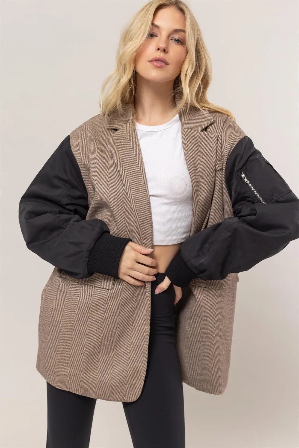HYFVE Herringbone Mixed Media Contrast Long Sleeve Blazer Brown - Fashorio