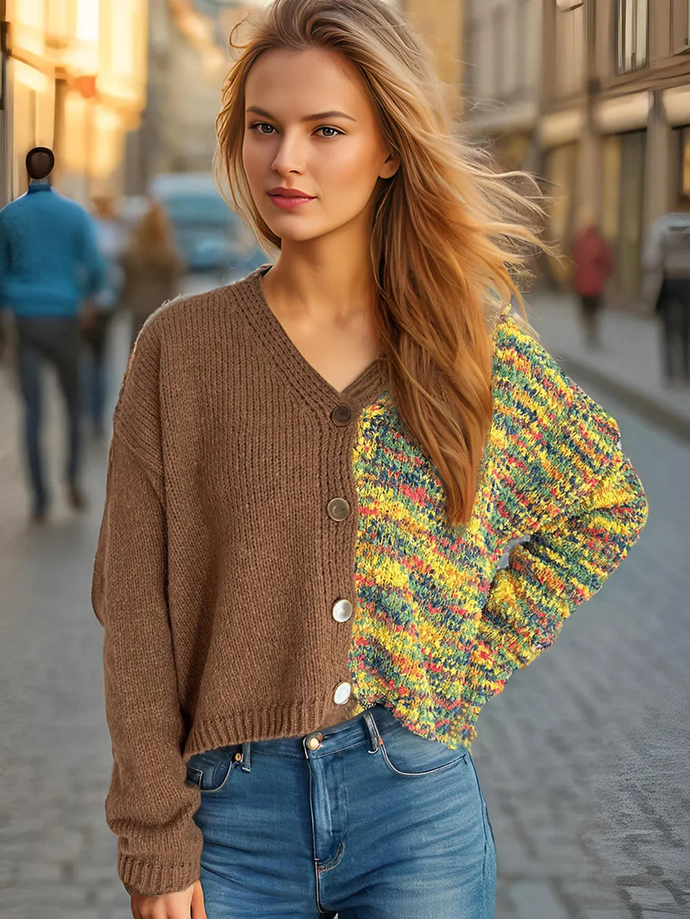 Contrast Button Up V-Neck Cropped Cardigan Caramel One Size - Fashorio