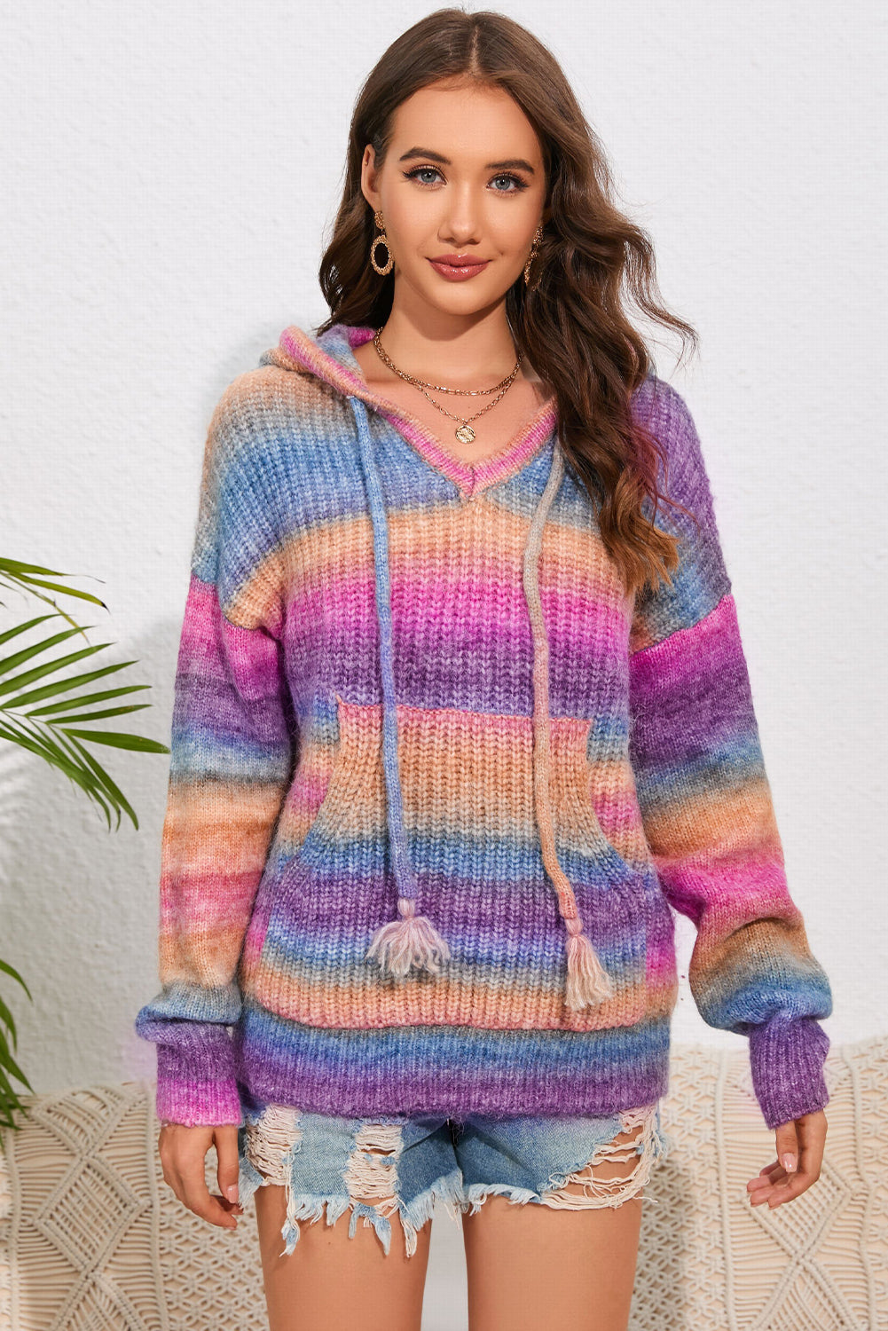 Multicolor Dropped Shoulder Hooded Sweater - Fashorio