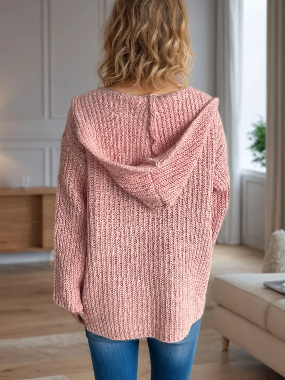 Sequin Detail Long Sleeve Hooded Cardigan - Fashorio