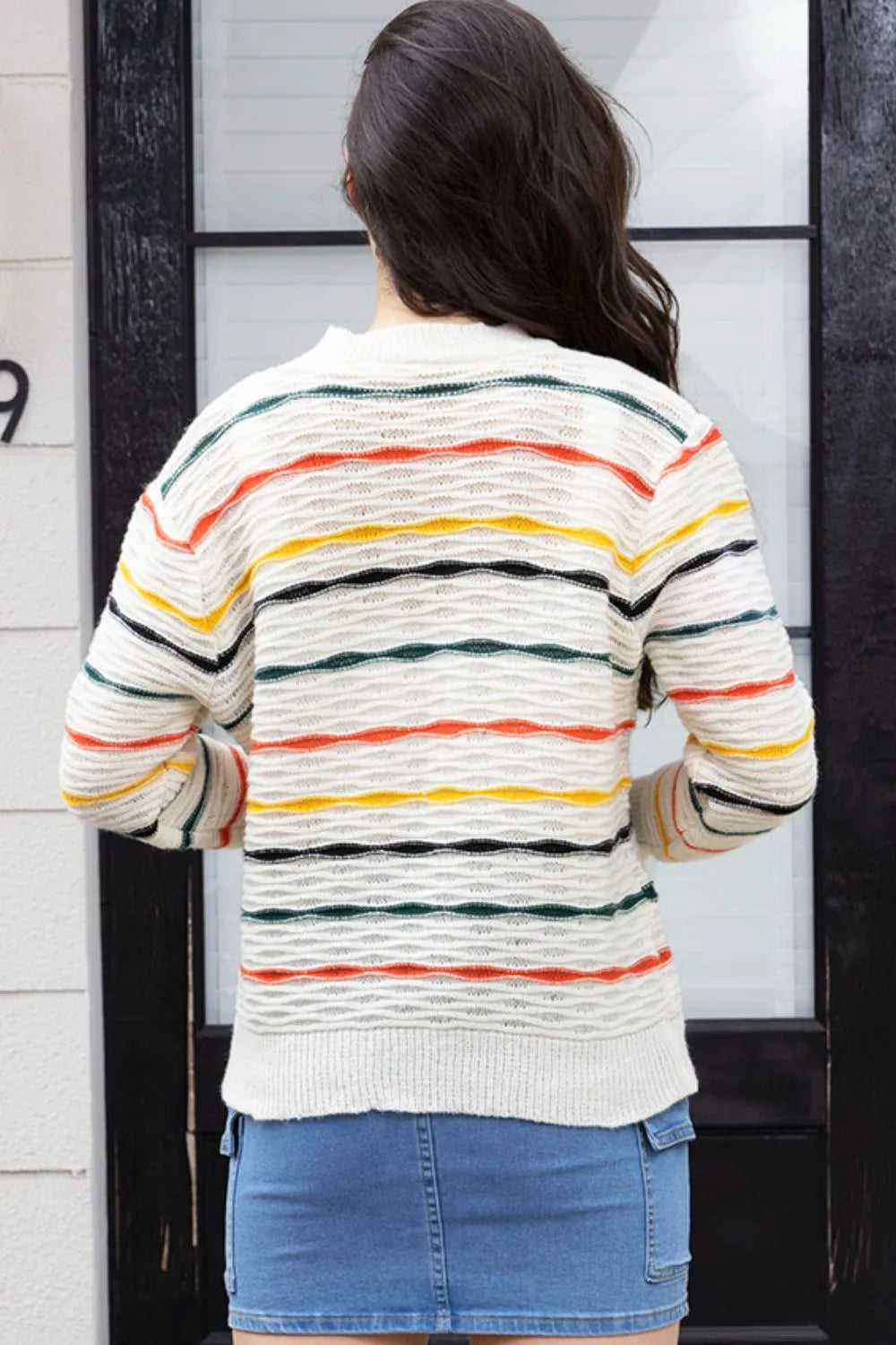 Striped Round Neck Long Sleeve Sweater - Fashorio