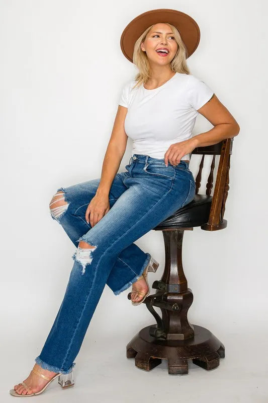 bytos Full Size Raw Hem Distressed High Rise Bootcut Jeans - Fashorio