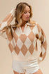 BiBi Diamond Pattern Collared Notch Neck Sweater - Fashorio