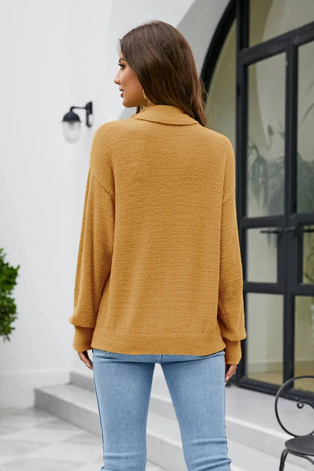 Mock Neck Dropped Shoulder Long Sleeve Sweater - Fashorio