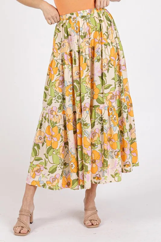 Mittoshop Flower Print Elastic Waist Tiered Skirt Tangerine - Fashorio