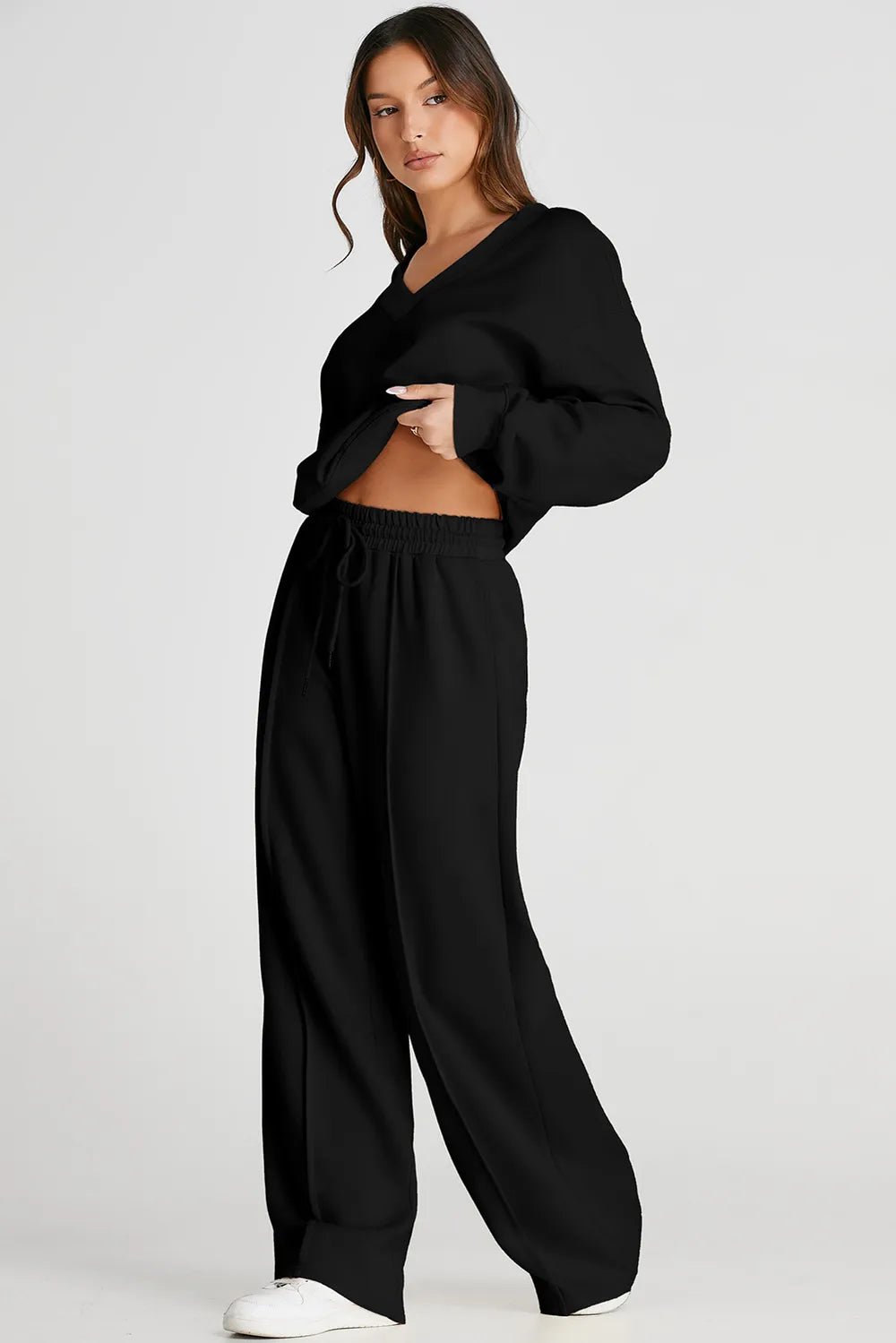 V-Neck Long Sleeve Top and Pants Active Set - Fashorio
