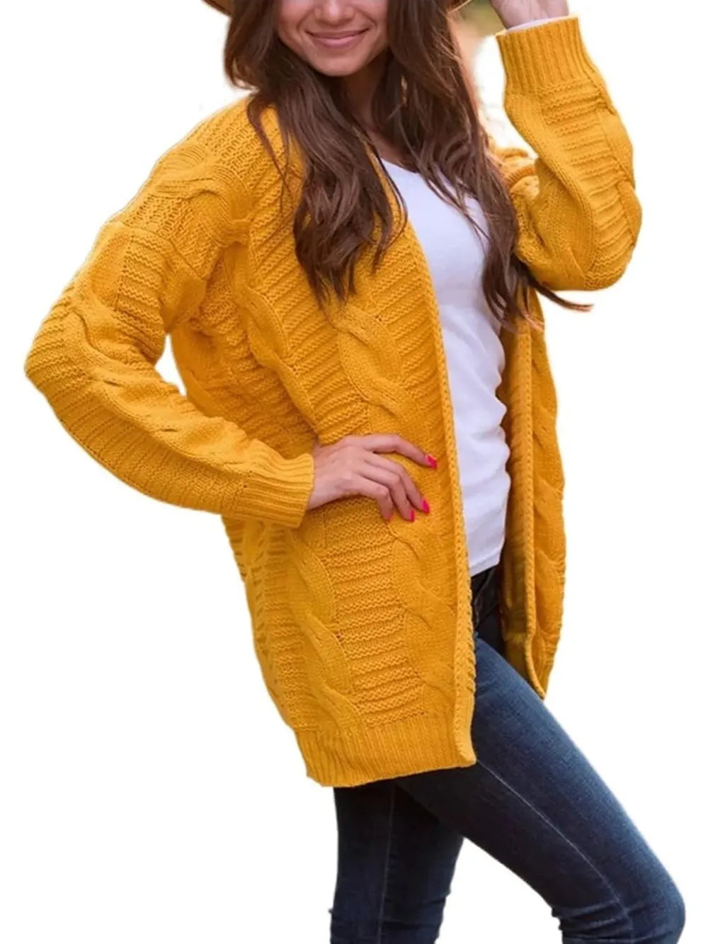 Cable-Knit Open Front Long Sleeve Cardigan - Fashorio