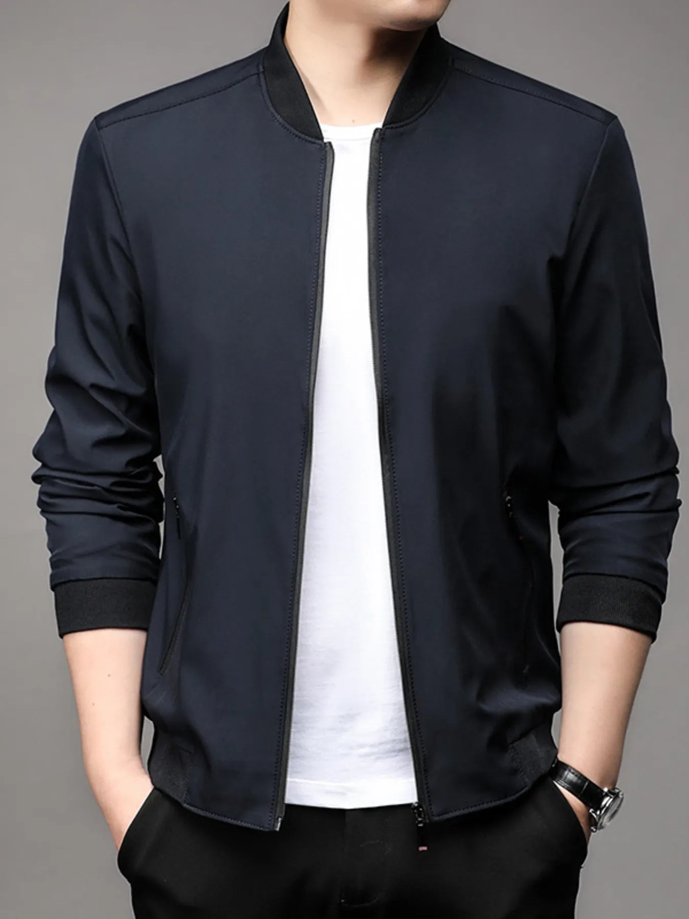 Men's Plus Size Full Zip Front Closure Bomber Jacket with Pockets Navy Blue - Fashorio