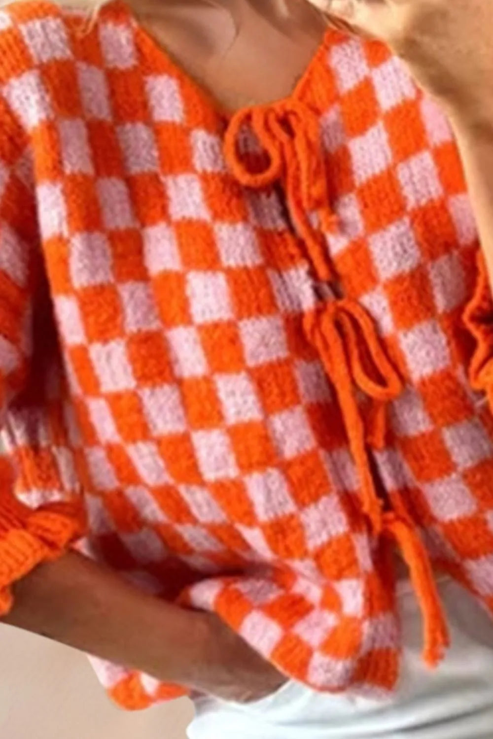 Double Take Tied Checkered Dropped Shoulder Flounce Sleeve Cardigan - Fashorio