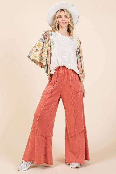 Mittoshop Mineral Wash Wide Flared Leg Pants - Fashorio