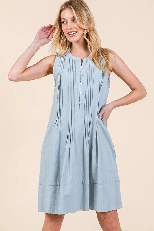 Lime 'N' Chili Denim Pintuck Detail Sleeveless Midi Dress - Fashorio