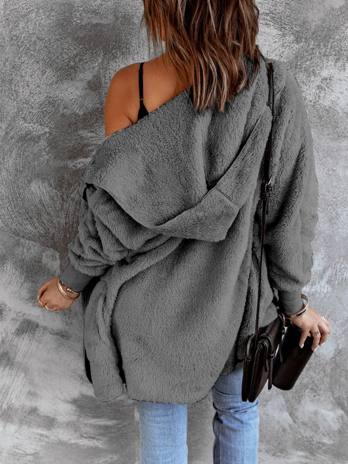 Open Front Hooded Faux Fur Outwear with Pockets - Fashorio