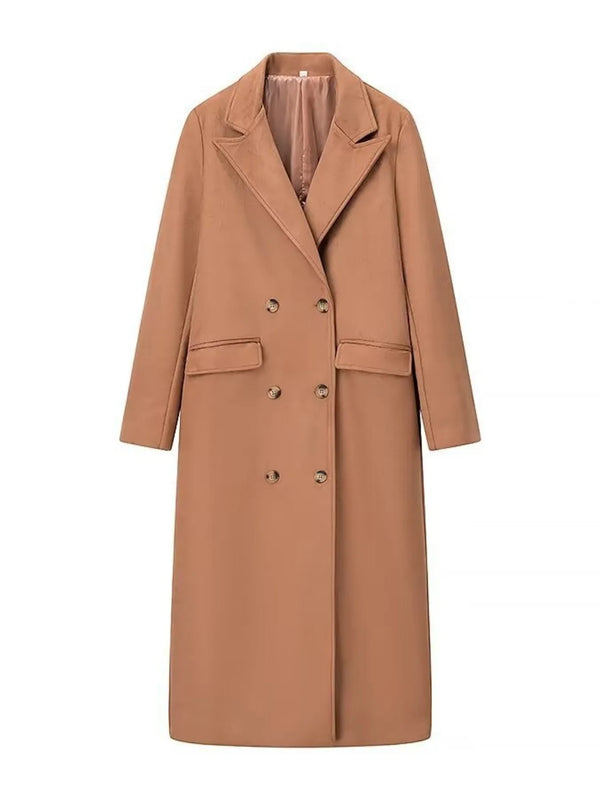 Double-Breasted Lapel Collar Long Coat Caramel - Fashorio
