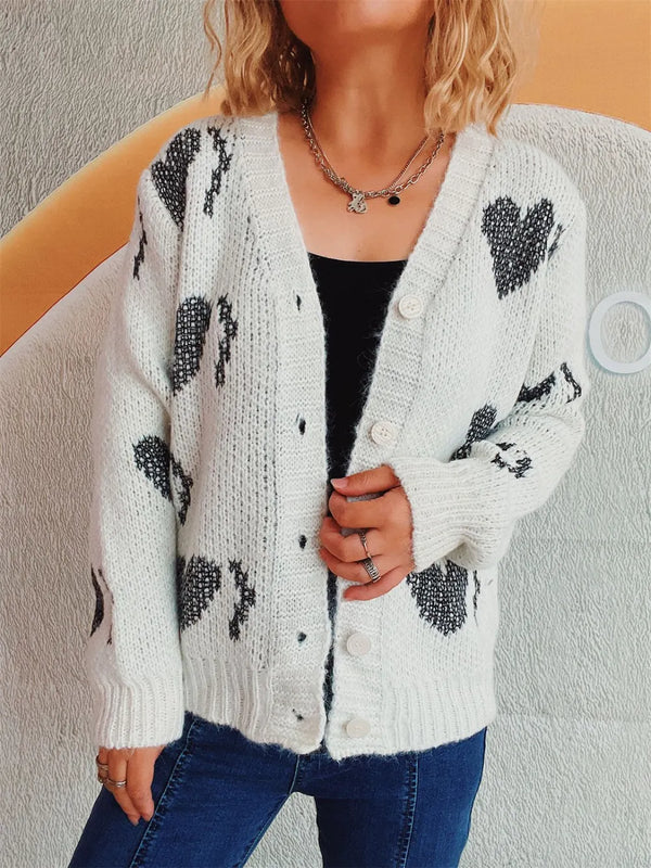 Heart Button Up Long Sleeve Cardigan White One Size - Fashorio