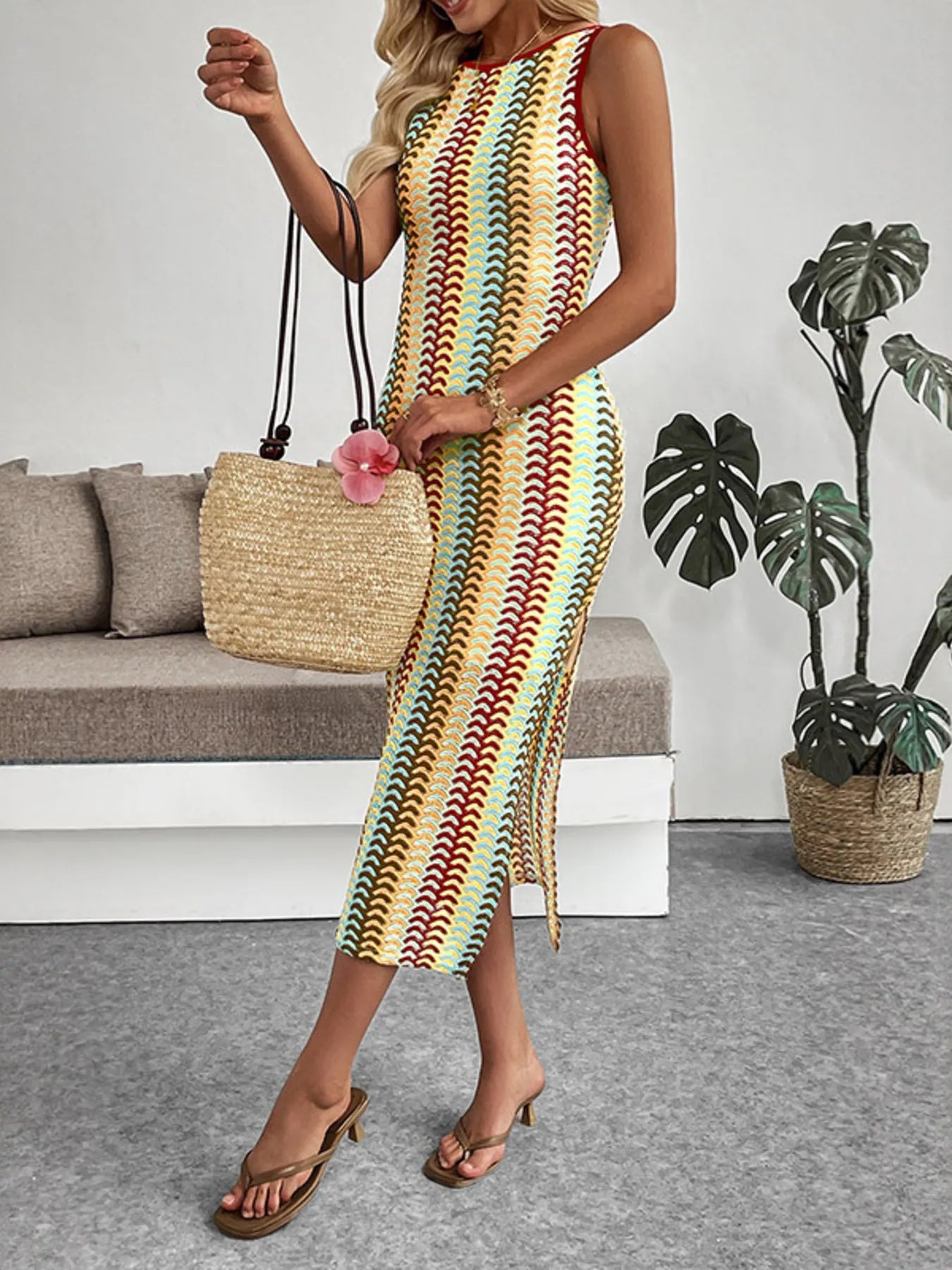 Sleeveless Chevron Pattern Sweater Dress - Fashorio