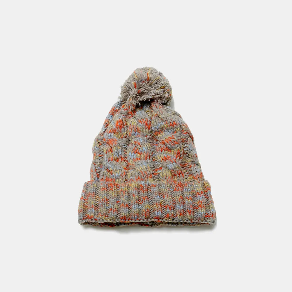 Contrast Cable-Knit Hat with Pompom Taupe One Size - Fashorio