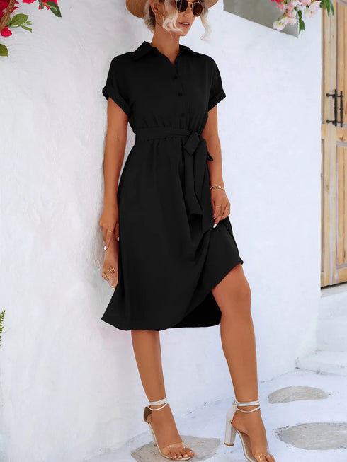Buttoned Tie Waist Short Sleeve Dress - Fashorio