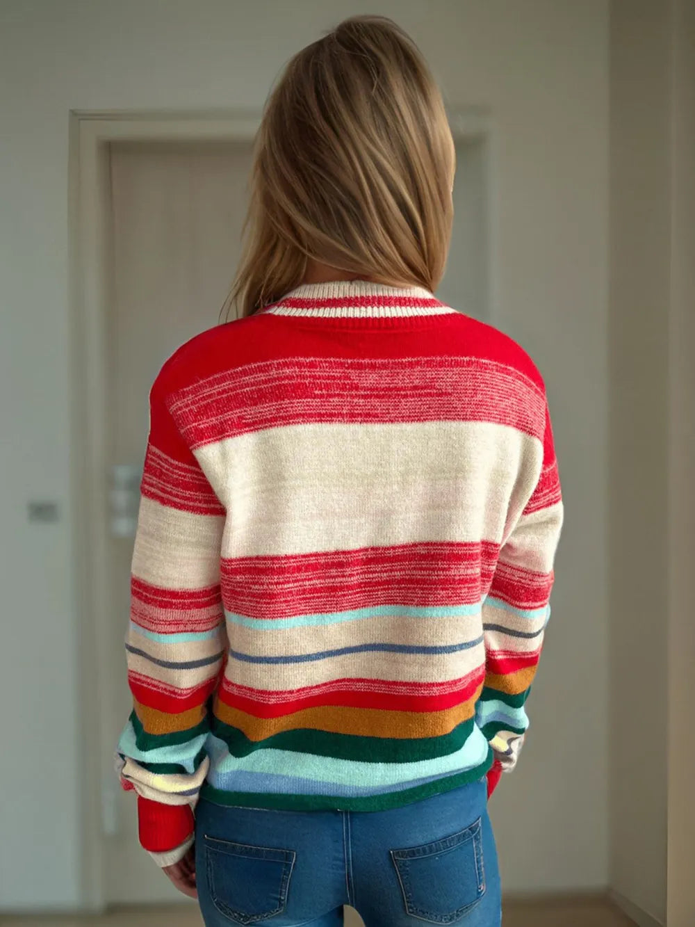 Striped Button Down V-Neck Long Sleeve Cardigan - Fashorio