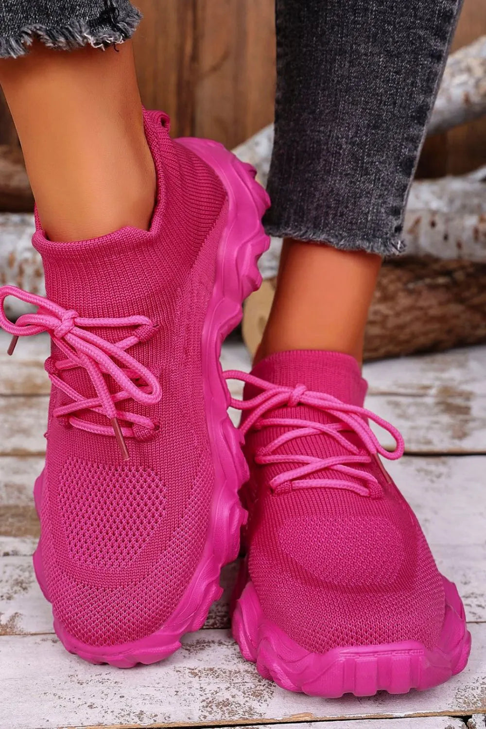 Mesh Lace-Up Round Toe Athletic Cerise - Fashorio
