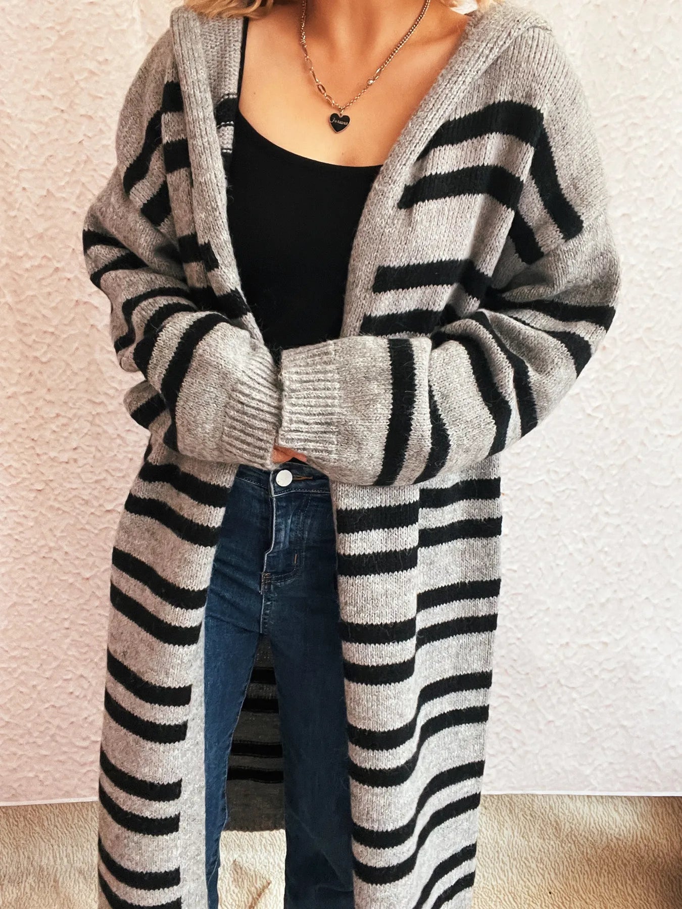 Striped Open Front Hooded Cardigan - Fashorio