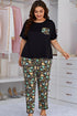 Plus Size Contrast Round Neck Tee and Floral Pants Lounge Set Black - Fashorio