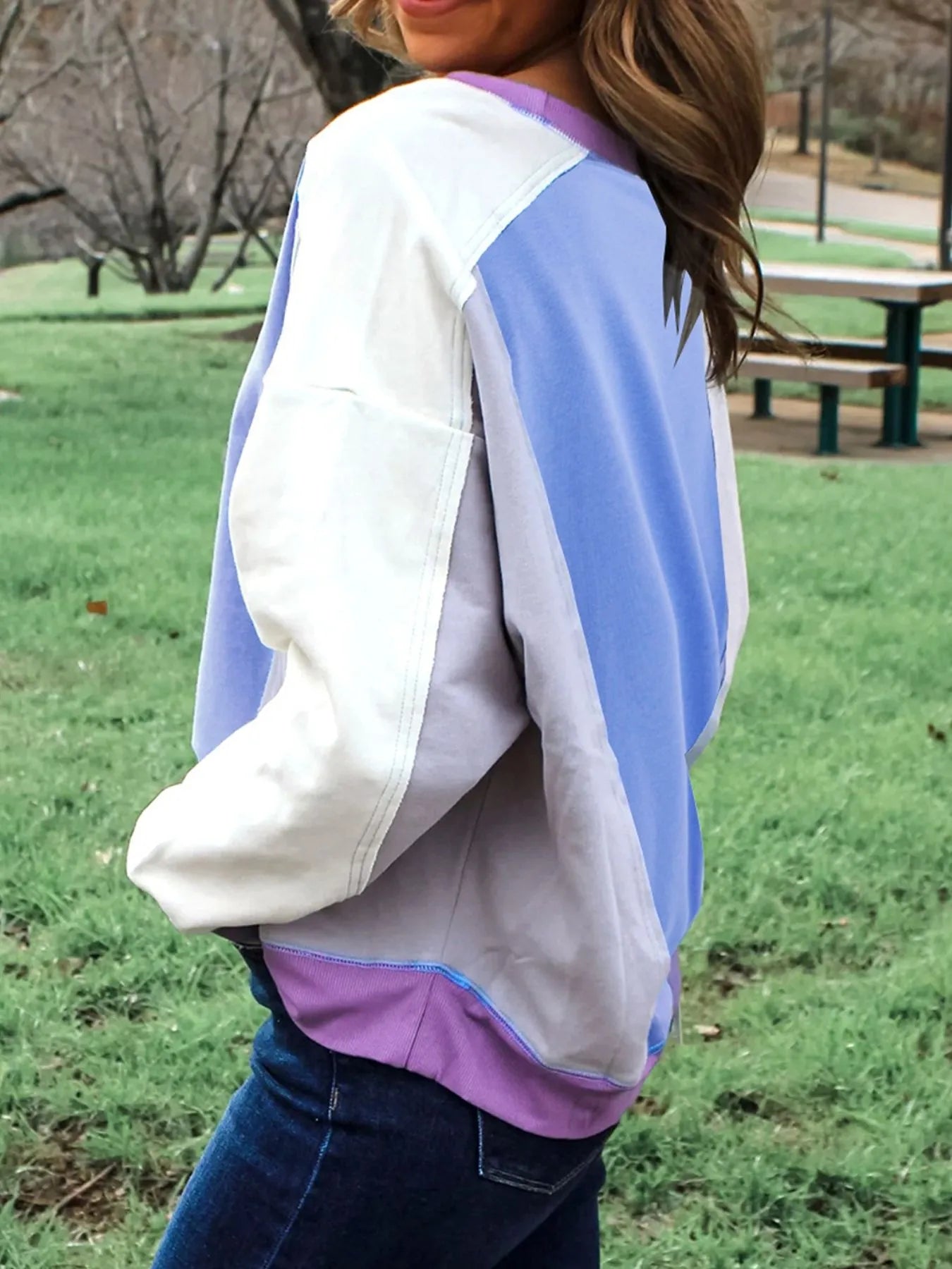 Exposed Seam Colorblock Patchwork Ribbed Trim Sweatshirt - Fashorio