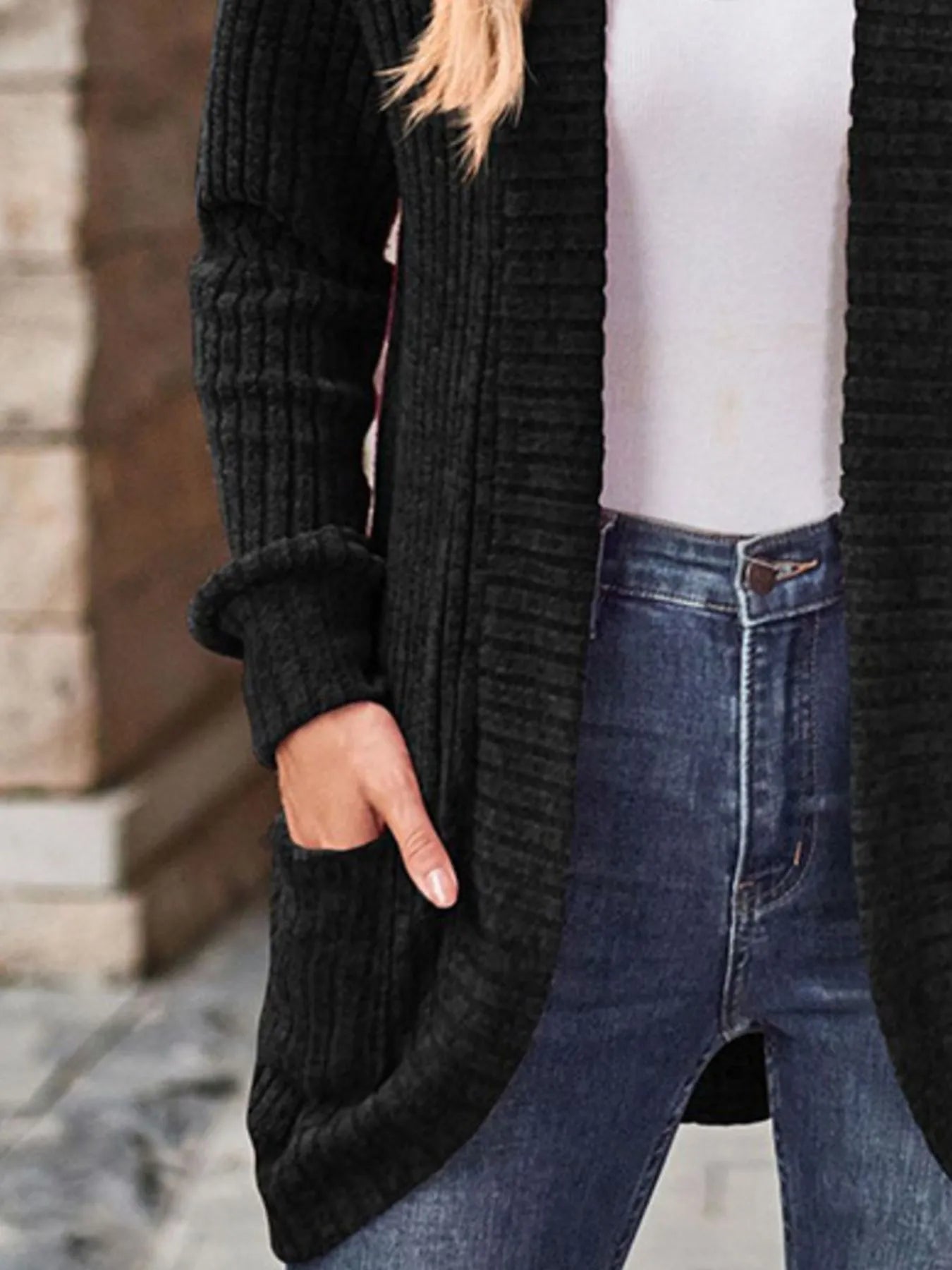 Ribbed Knit Open Front Cardigan with Pockets - Fashorio