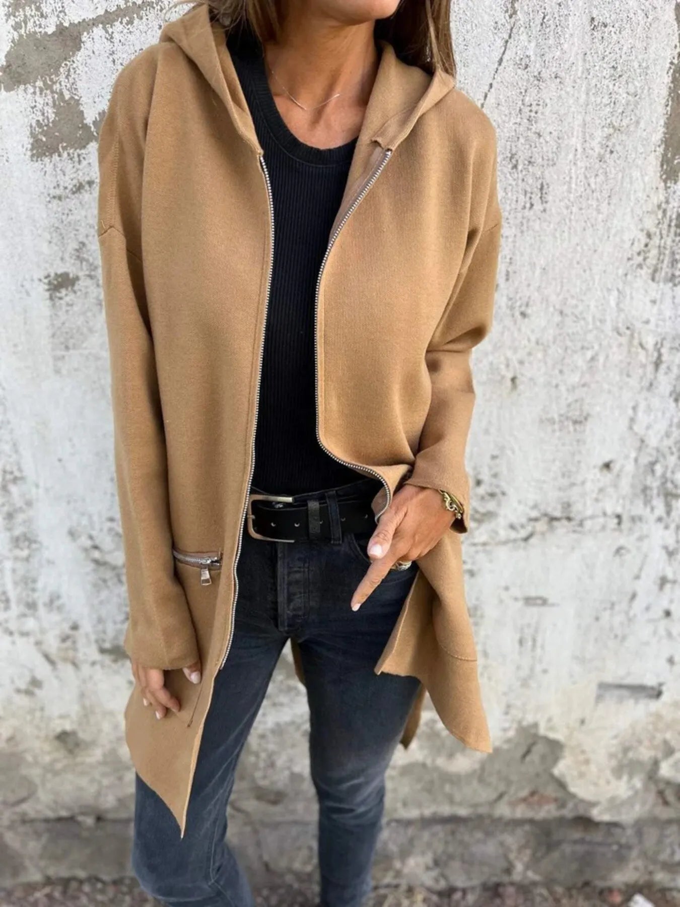 Full Size Zip Up Long Sleeve Hooded Outerwear Plus Size - Fashorio