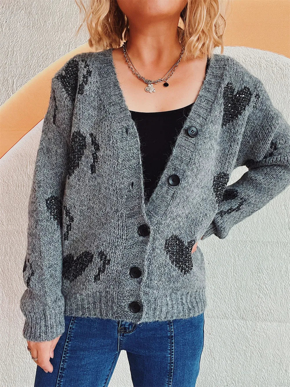 Heart Button Up Long Sleeve Cardigan - Fashorio