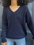 Cable Knit V-Neck Pullover Sweater Navy - Fashorio