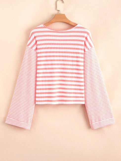 Striped Long Sleeve Ribbed Blouse - Fashorio