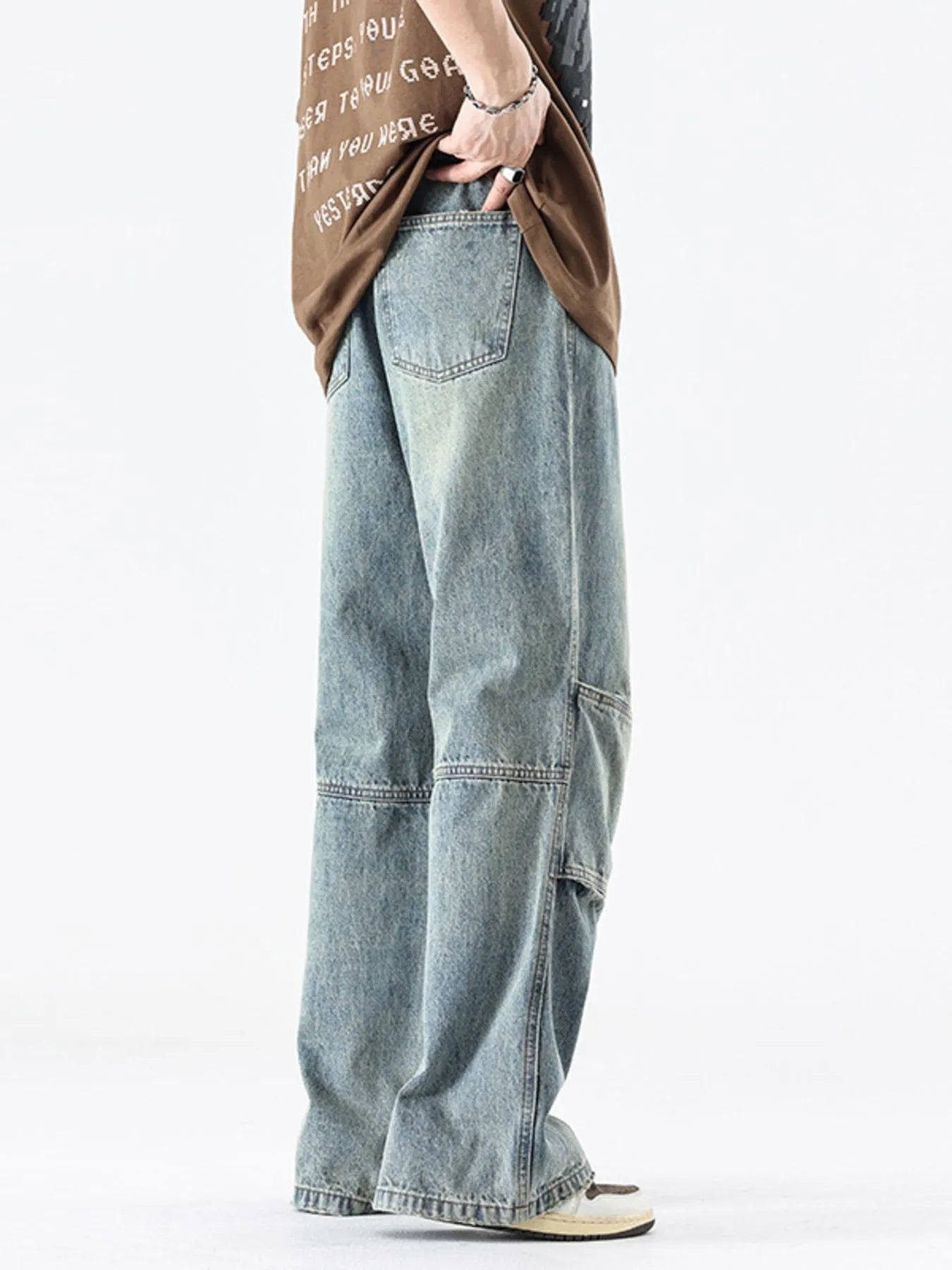 Men's Vintage Wide Leg Utility Jeans with Multi-Panel Design - Fashorio