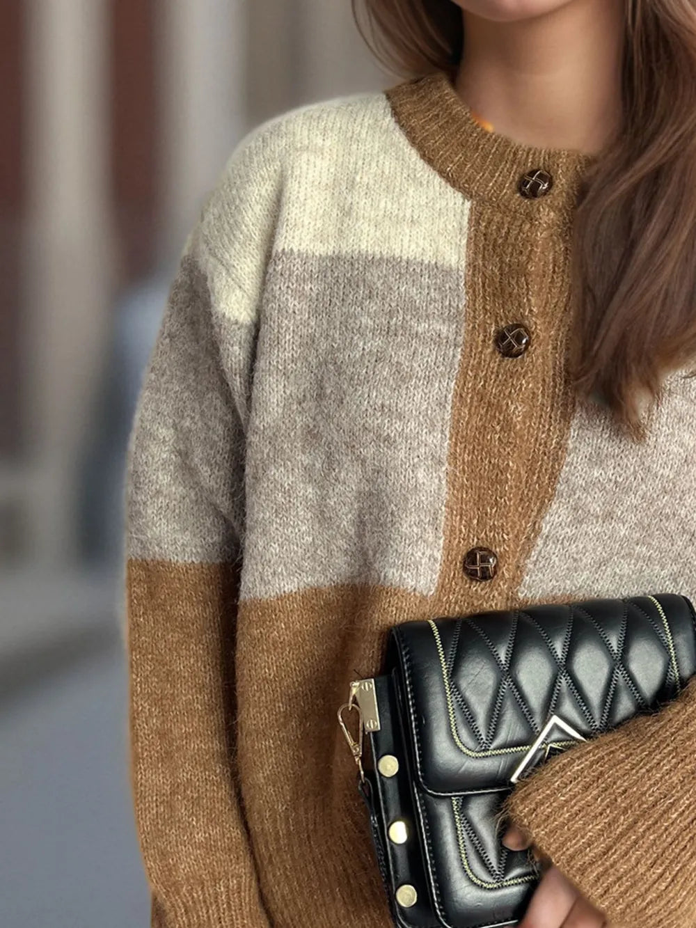 Color Block Round Neck Button Up Cardigan - Fashorio