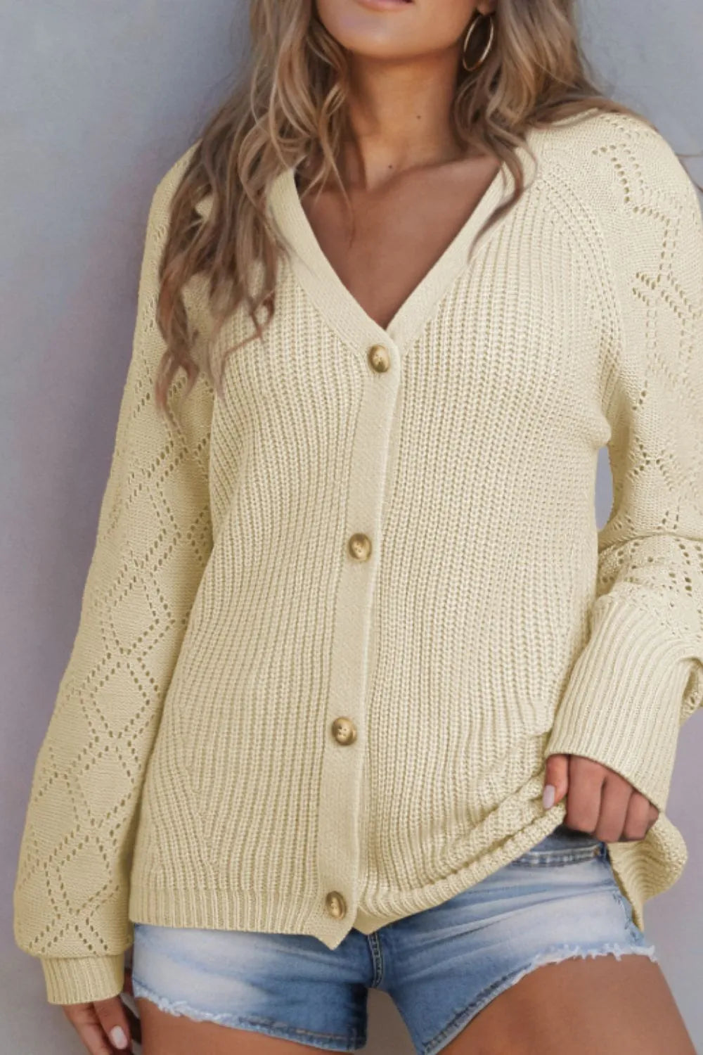 Openwork V-Neck Button Up Cardigan - Fashorio